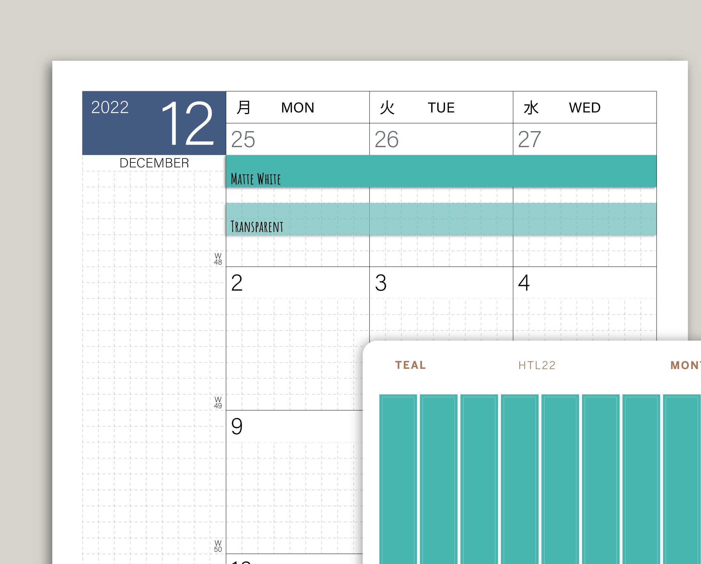 Three Day Month View Washi for Hobonichi Cousin HTL22