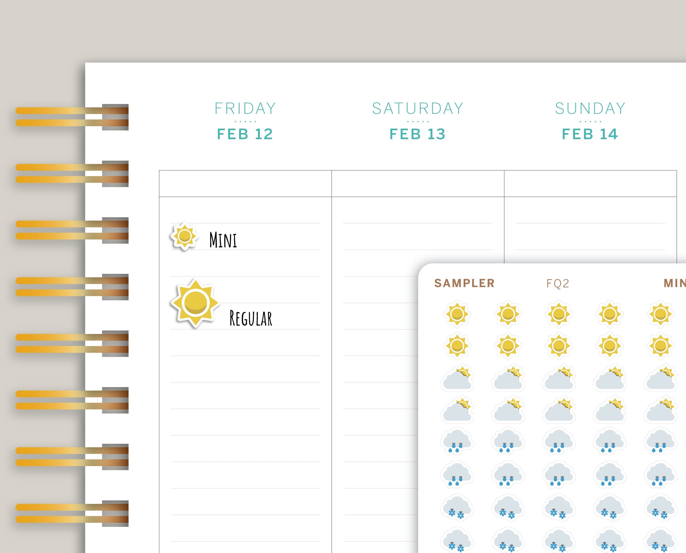 Weather Sampler, Tracker | Sunny, Partly Cloudy, Rain, & Snow | Icon Planner Stickers FQ2